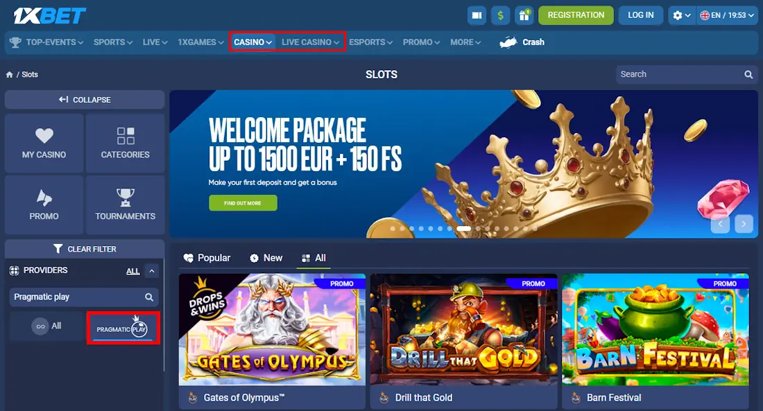 1xbet Pragmatic Play Slots Screenshot